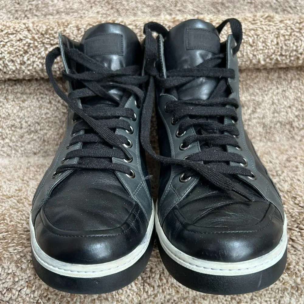 Prada Men's Black High Top Leather Trainers Sneakers - Picture 3 of 10